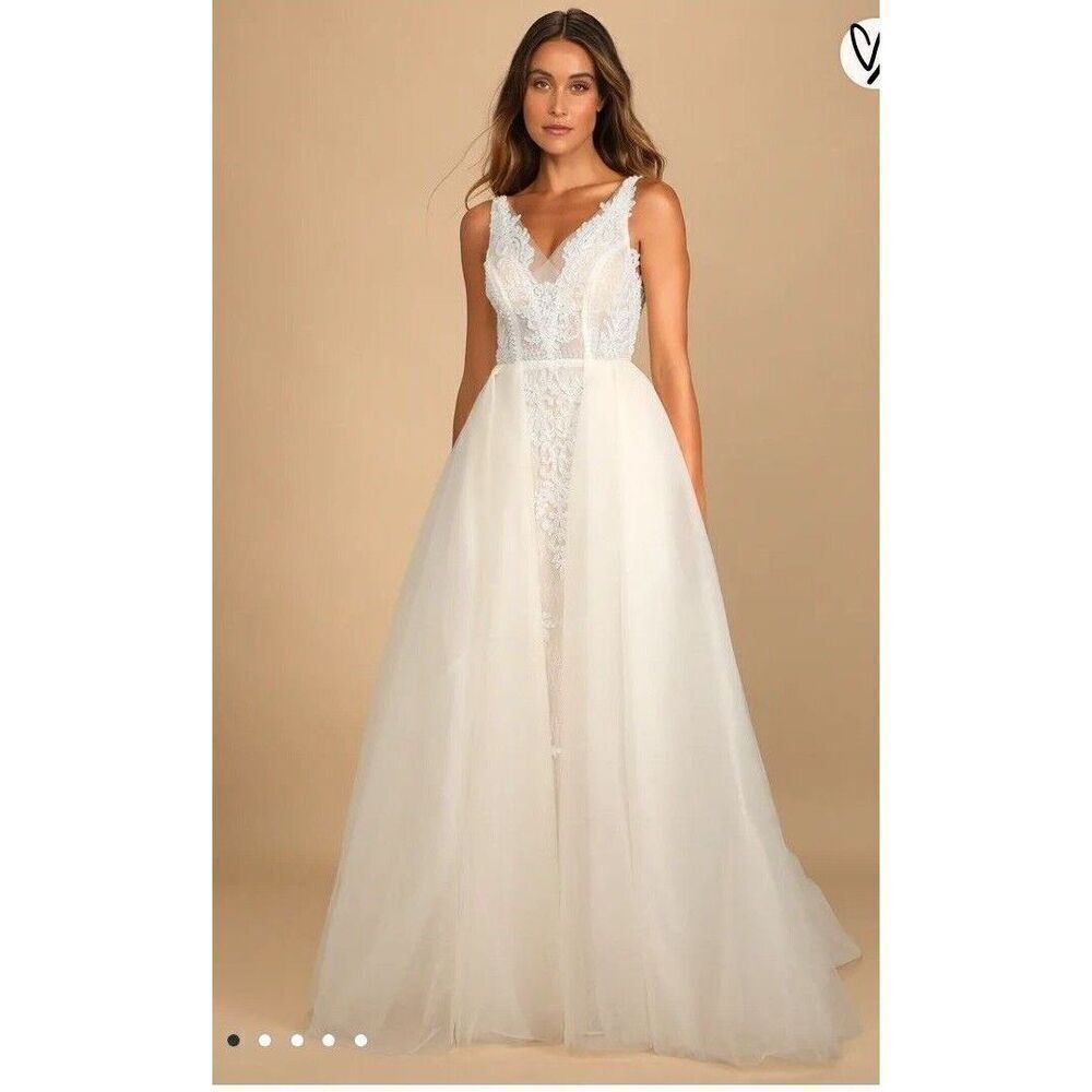 Lulu's Dress Wedding My Every Dream Cream Lace Beaded Sleeveless Maxi Size 8‎